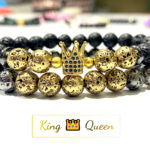 King and Queen Couple Certified Golden and Silver Lava Stone Stretchable Bracelets for Men Women Unisex Authentic and Natural Stones