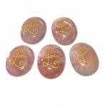 Engraved Natural Stones Rose Quartz Love and Joy Symbol, Zibu Love Symbol, Green Jade Round Zibu Engraved Symbol, Green Aventurine Health Symbol, Red Aventurine Protection Symbol